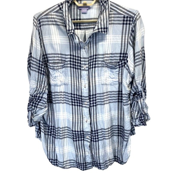 Laura Scott Shirt Women 1X Plaid Button Up Long Roll Tab Sleeves Blouse RN15099 - Picture 1 of 7
